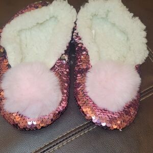 Pink Sequin Slippers with Faux Fur Pom New Sm 11-2